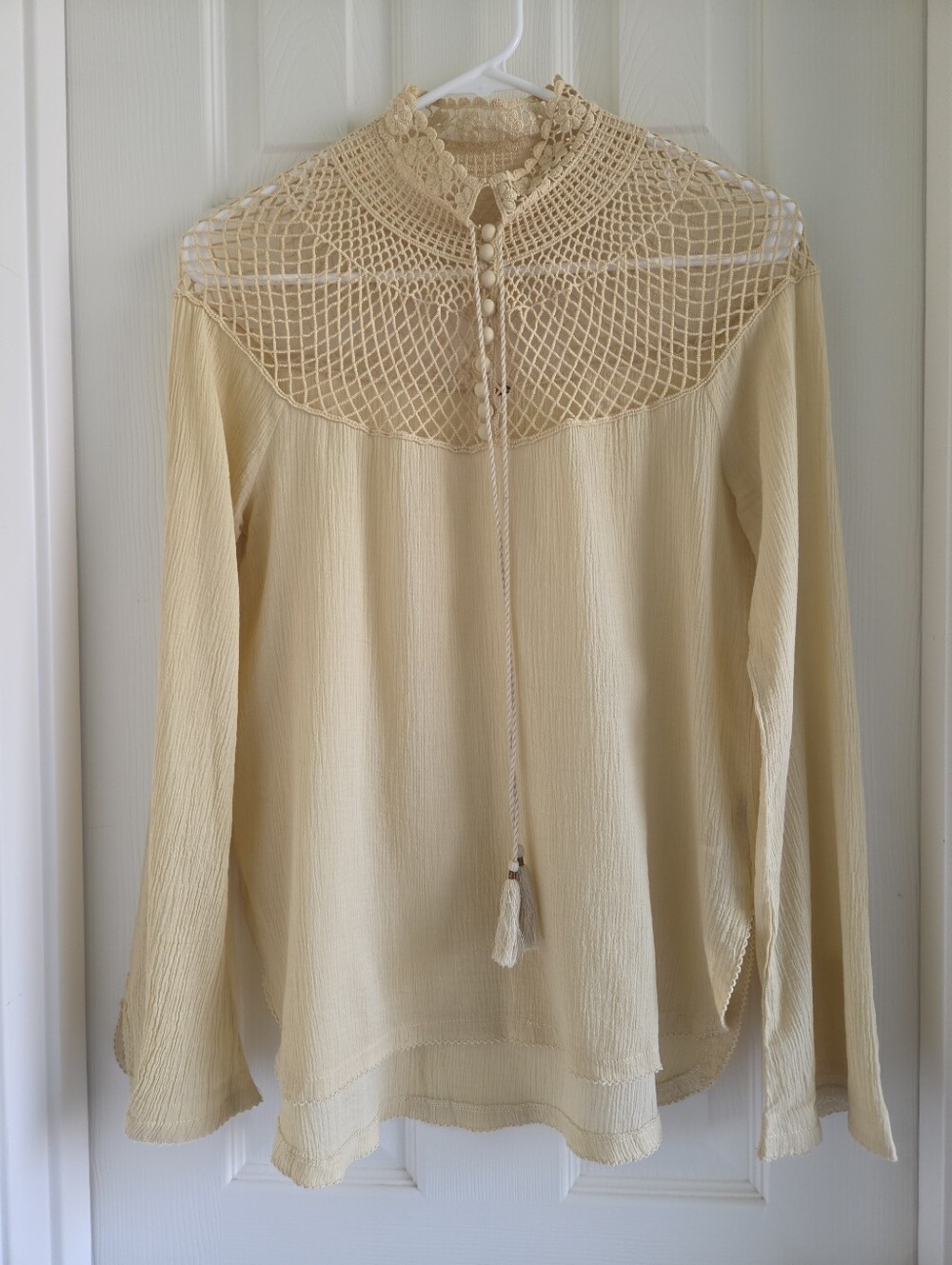 Free People On The Island Top Cream Yellow Crochet Yoke Gauze Boho Blouse XS